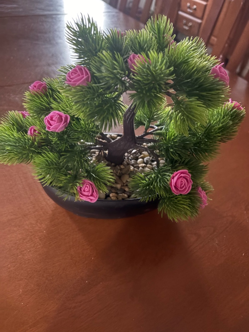 Amazon Faux Bonsai Tree with Green Foliage and Pink Rose Accents